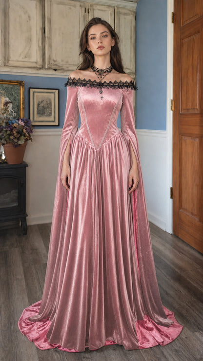 Front view of pink velvet Renaissance maxi dress