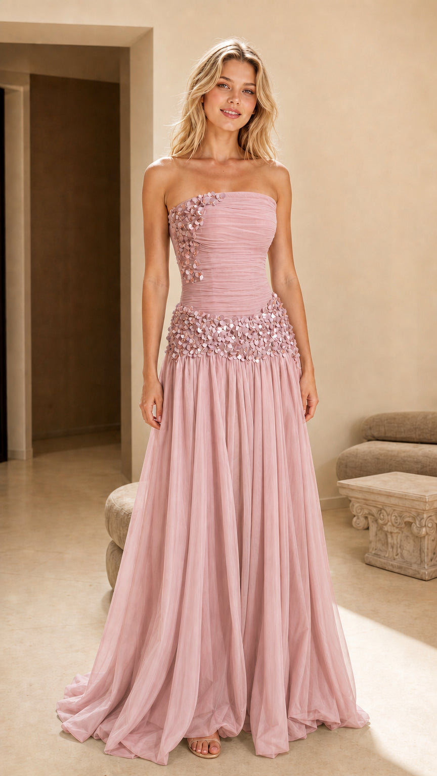 Front view of pink strapless chiffon maxi dress