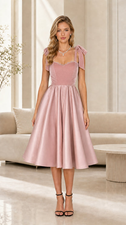 Front view of a blush pink vintage midi dress with bow shoulder straps