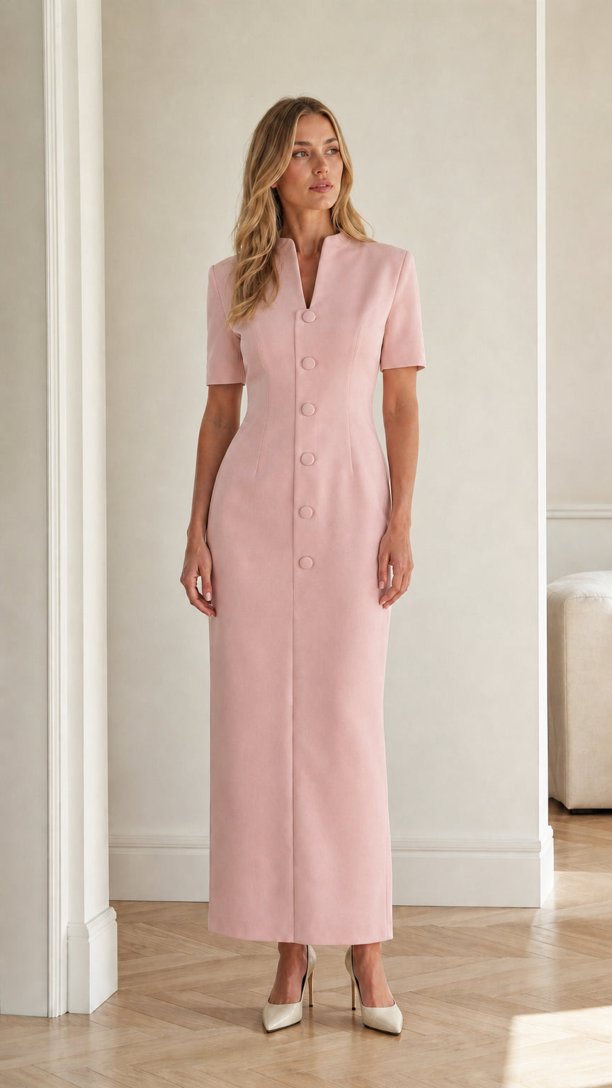 Front full view of blush pink short sleeve stand collar column maxi dress