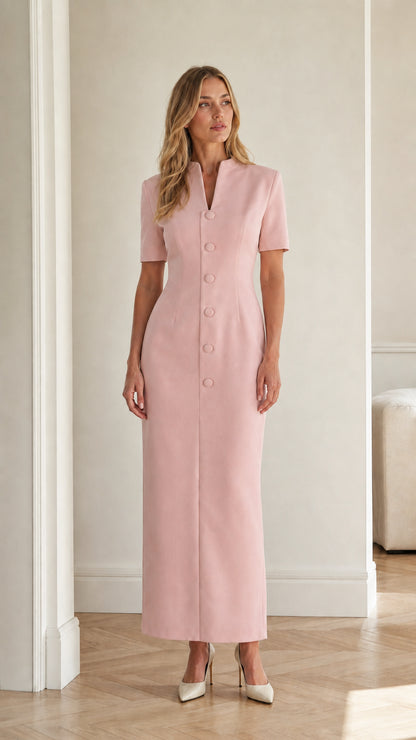 Front full view of blush pink short sleeve stand collar column maxi dress