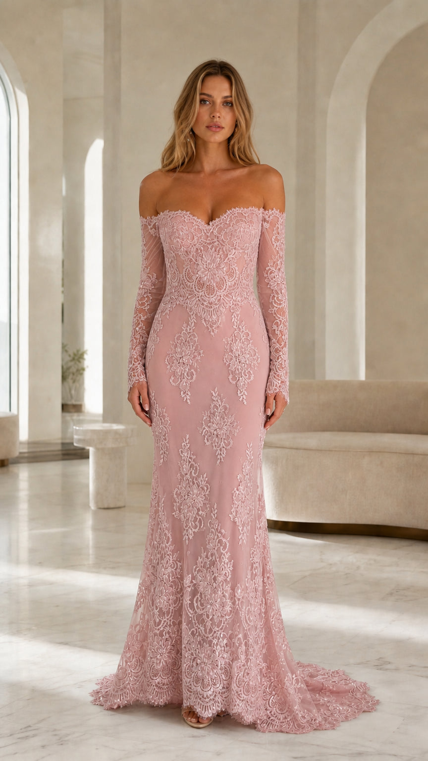 Model wearing pink off-the-shoulder lace evening gown
