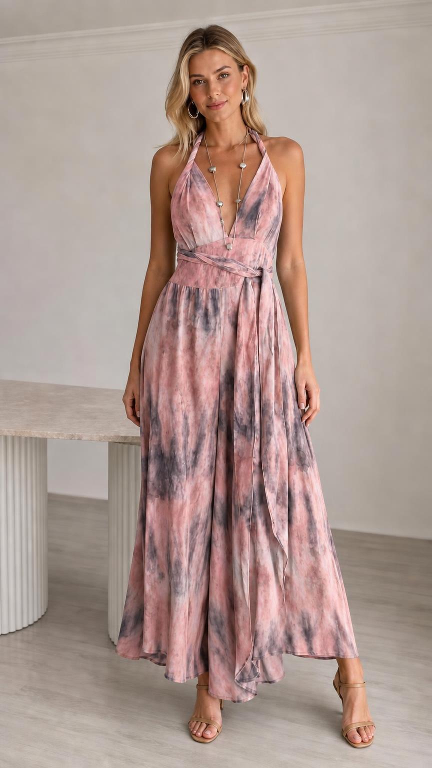 Model wearing pink tie-dye halter neck maxi jumpsuit