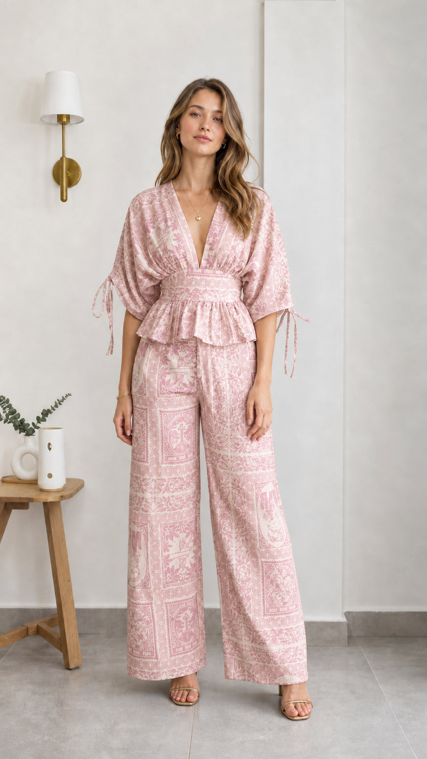 Model wearing pink printed two-piece set