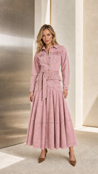 Front view of model wearing Dusty Pink long sleeve denim shirt dress
