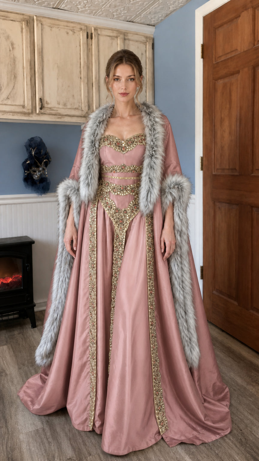Front view of pink Renaissance medieval gown and faux fur cloak