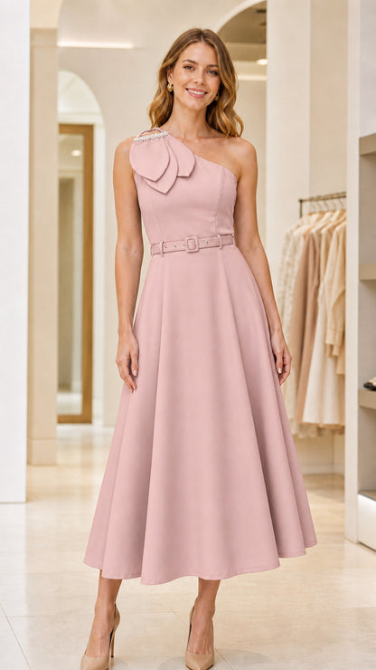 Model wearing pink one-shoulder midi dress with belt