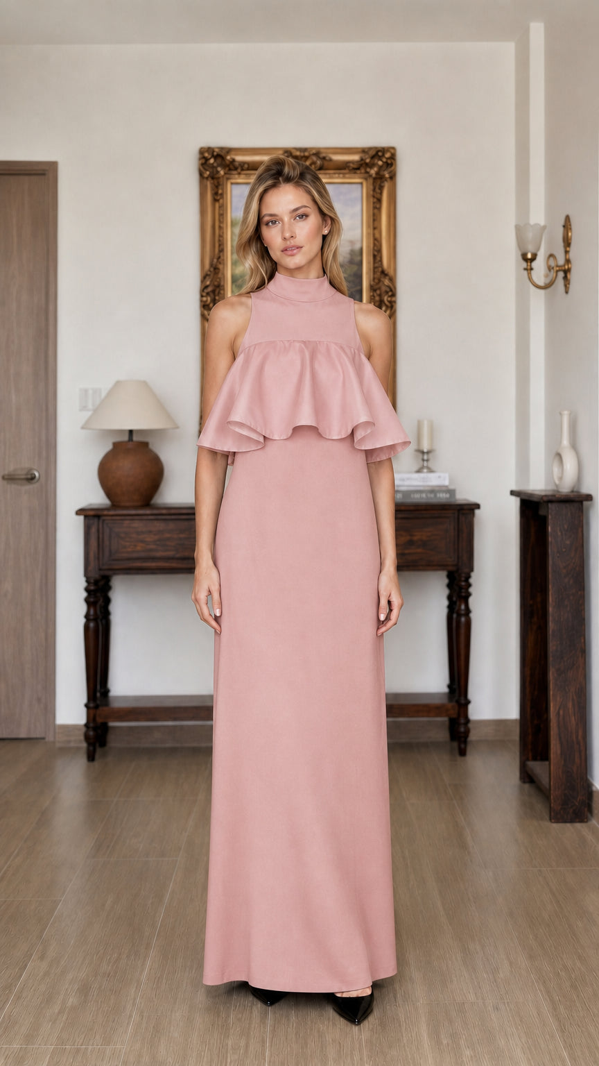 Model wearing dusty pink ruffle maxi dress