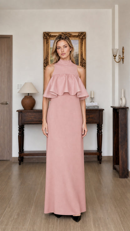 Model wearing dusty pink ruffle maxi dress
