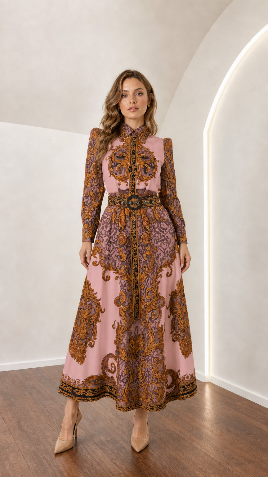 Model wearing dusty rose pink baroque print long sleeve belted maxi dress