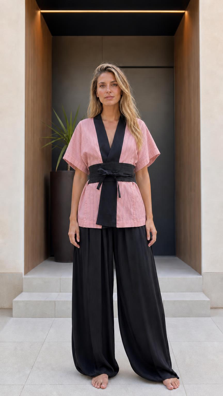 Front view of woman wearing pink kimono top and black wide-leg pants set