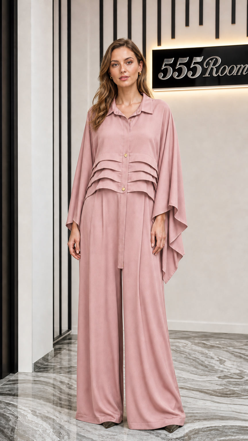 Front view of model wearing pink two-piece set