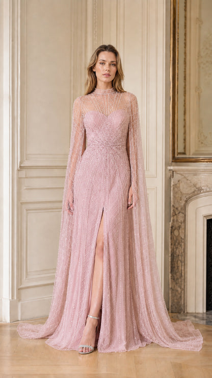 Front view of blush pink beaded cape sleeve evening dress