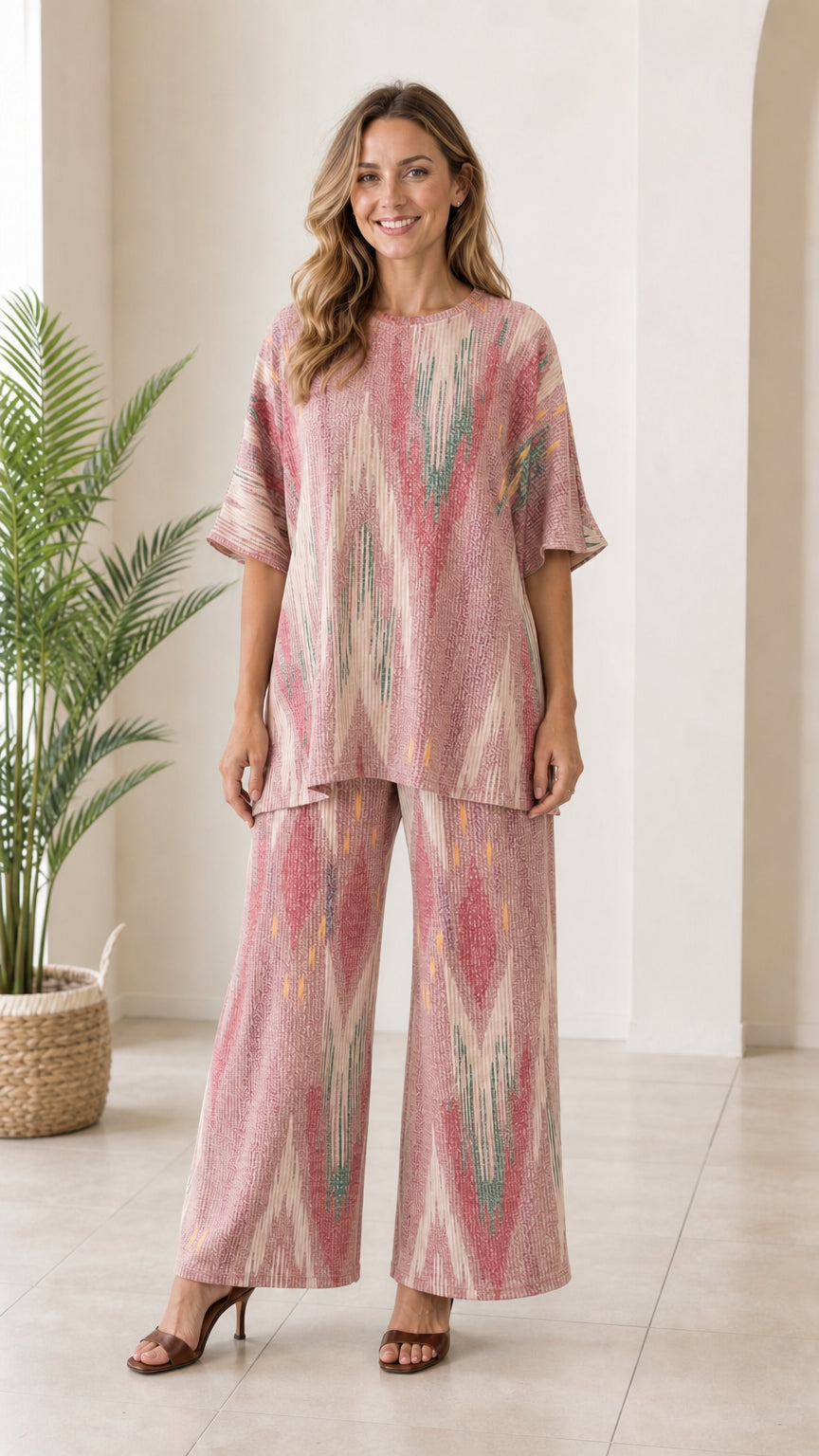 Woman wearing dusty pink ikat printed relaxed two piece pant set