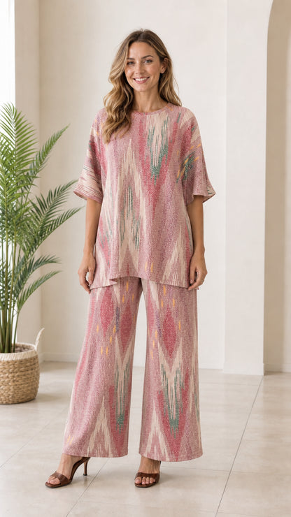 Woman wearing dusty pink ikat printed relaxed two piece pant set