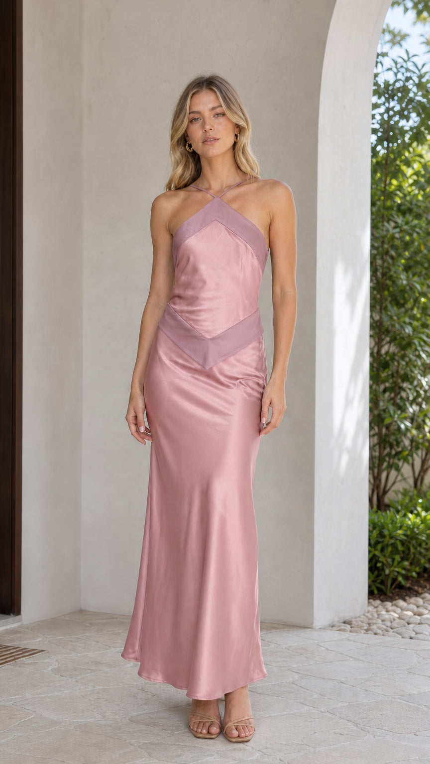 Front view of pink satin halter maxi dress