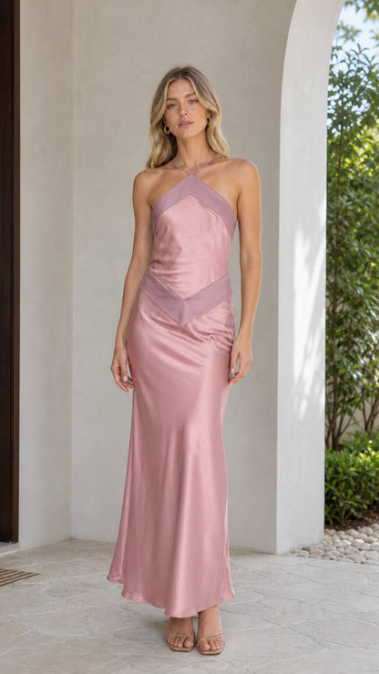 Front view of pink satin halter maxi dress