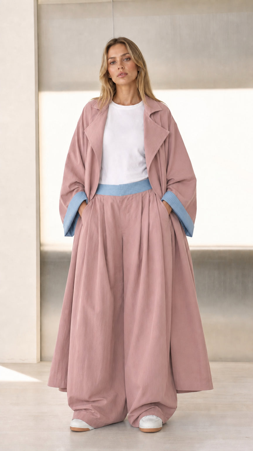 Front view of Dusty Rose pink duster coat and matching wide-leg trousers