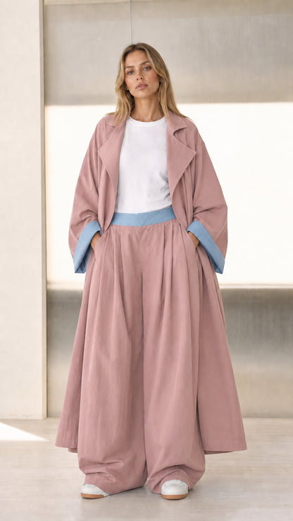 Front view of Dusty Rose pink duster coat and matching wide-leg trousers