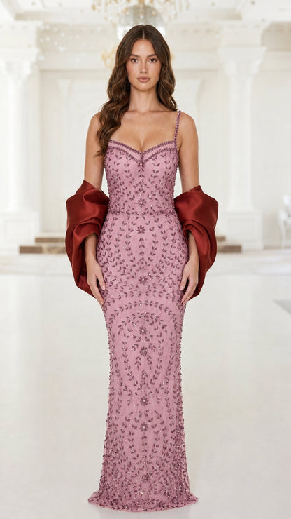 Front view of pink beaded evening dress