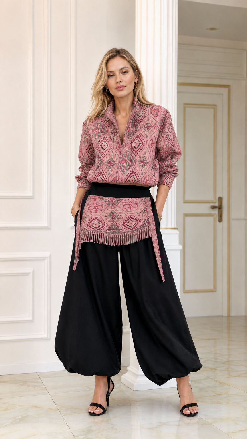 Front view of dusty rose geometric pattern blouse and black balloon pants two-piece set