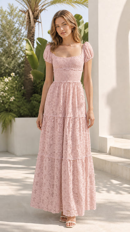 Model wearing pink floral lace maxi dress