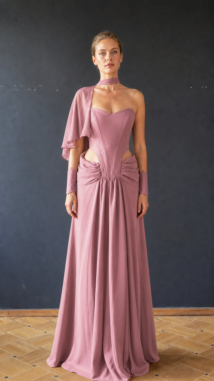 Mauve color variant of cutout draped evening dress
