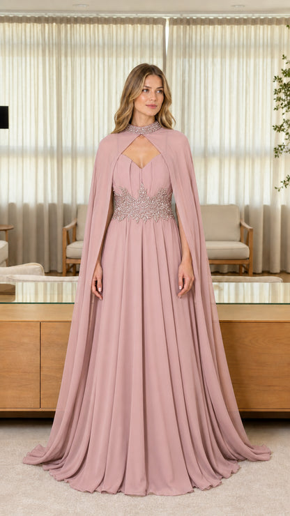 Front view of dusty rose evening dress with cape