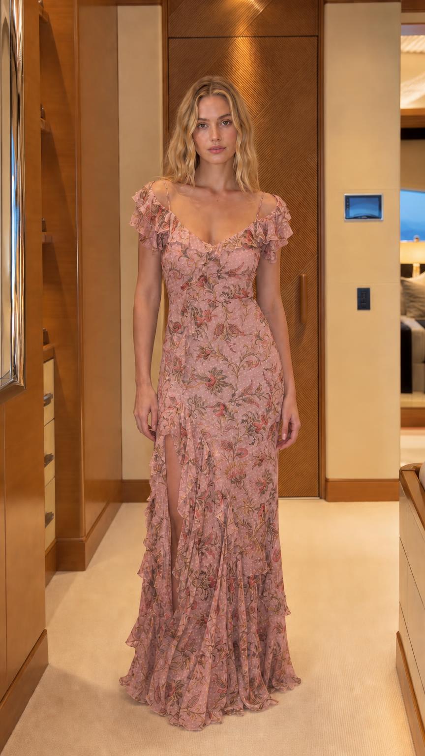 Model wearing pink floral ruffle maxi dress