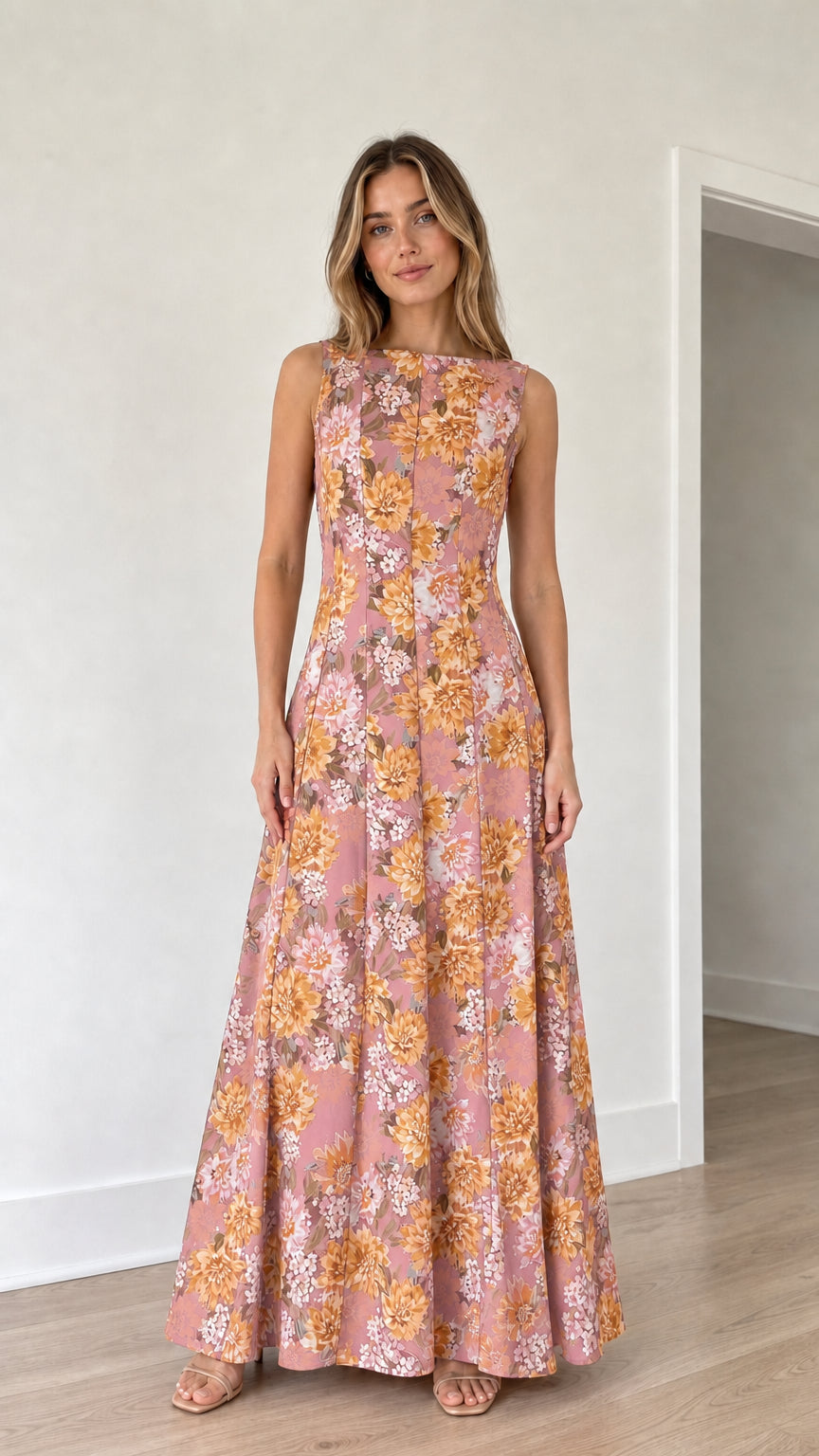 Woman wearing pink floral print maxi dress