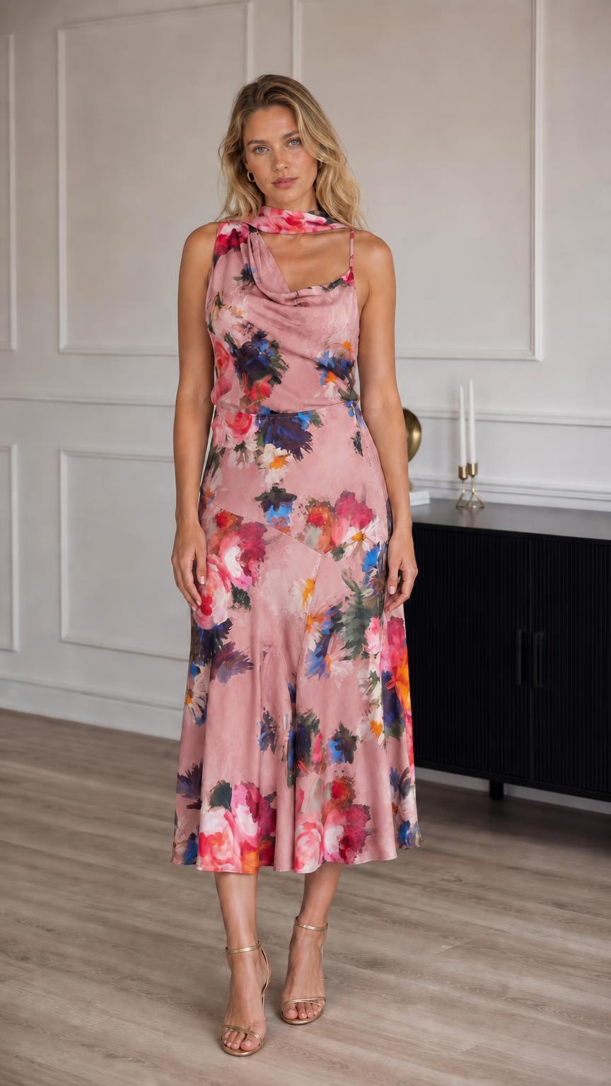 Model wearing pink floral print satin midi dress