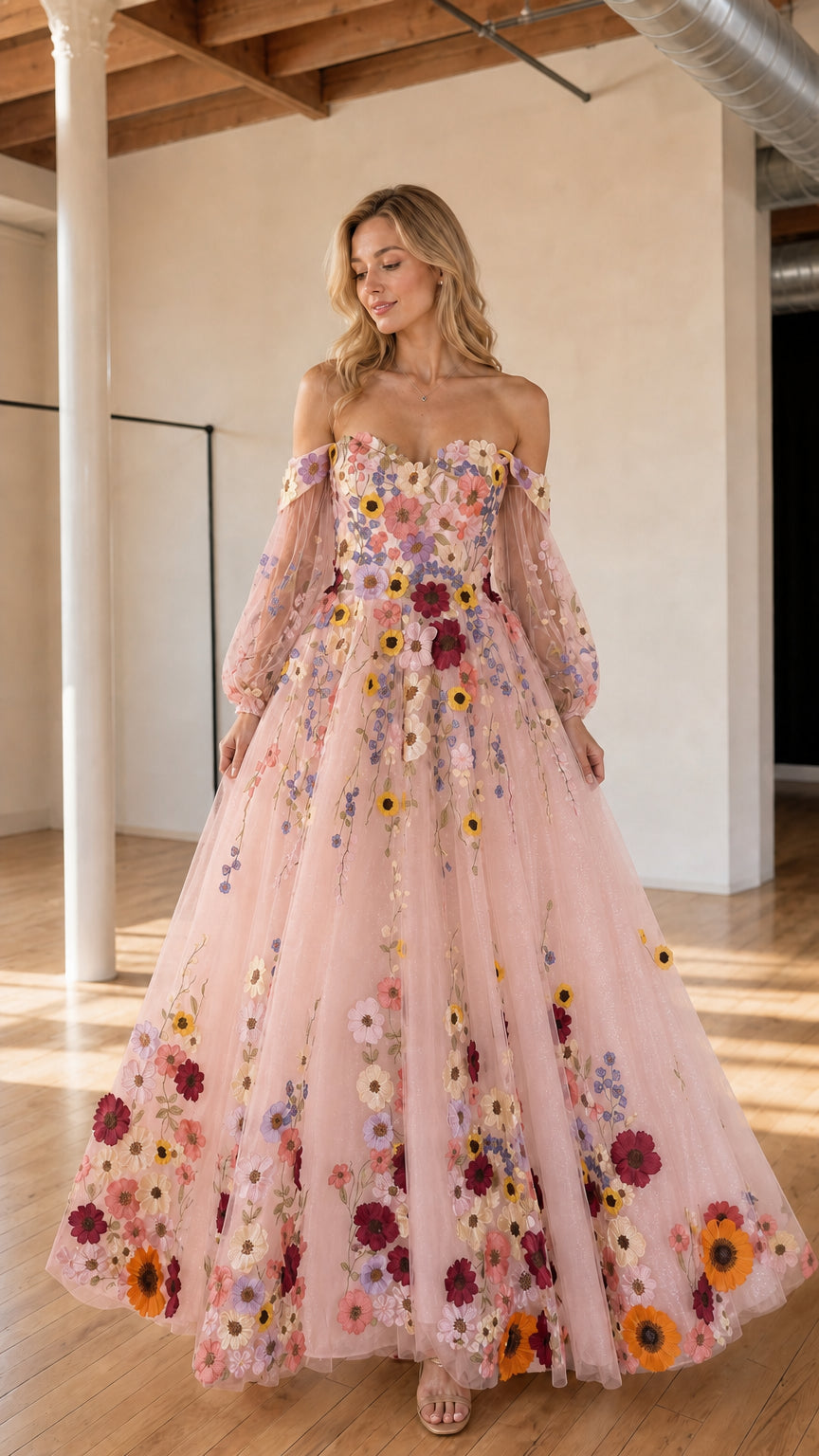 Blush pink off-the-shoulder floral embroidered tulle ball gown