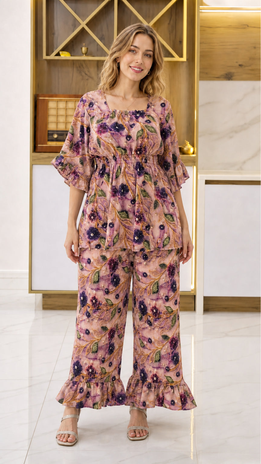 Front view of woman wearing Dusty Rose pink floral 2-piece pant set