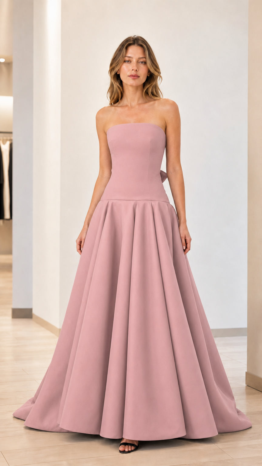 Dusty rose color variant of strapless evening gown