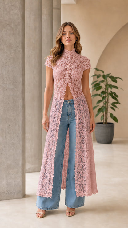 Front view of pink lace long duster cardigan