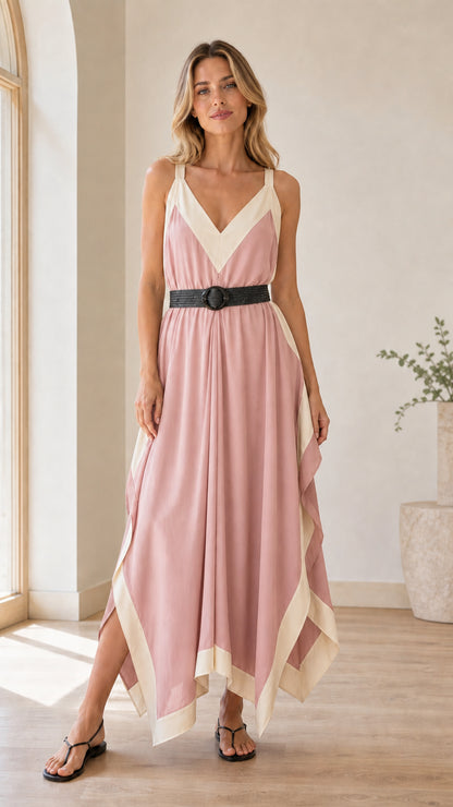 Model wearing Dusty Pink handkerchief maxi dress with cream contrast trim