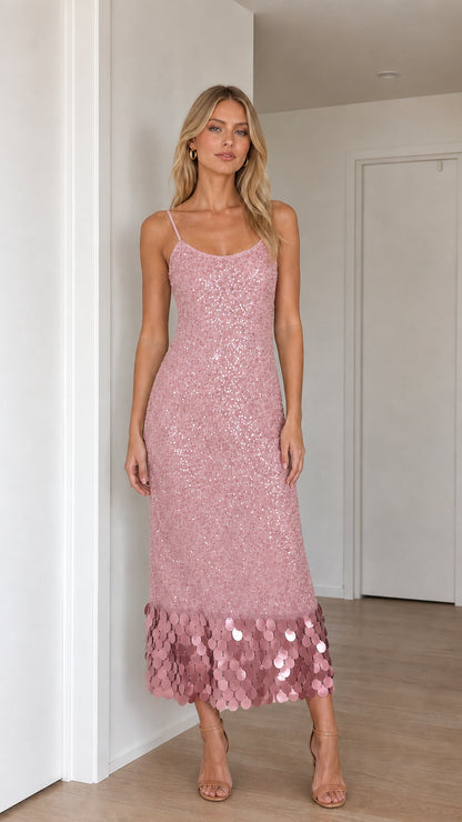 Model wearing pink sequin midi dress