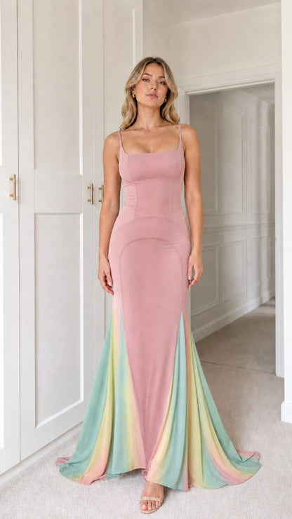 Front view of dusty rose mermaid maxi dress