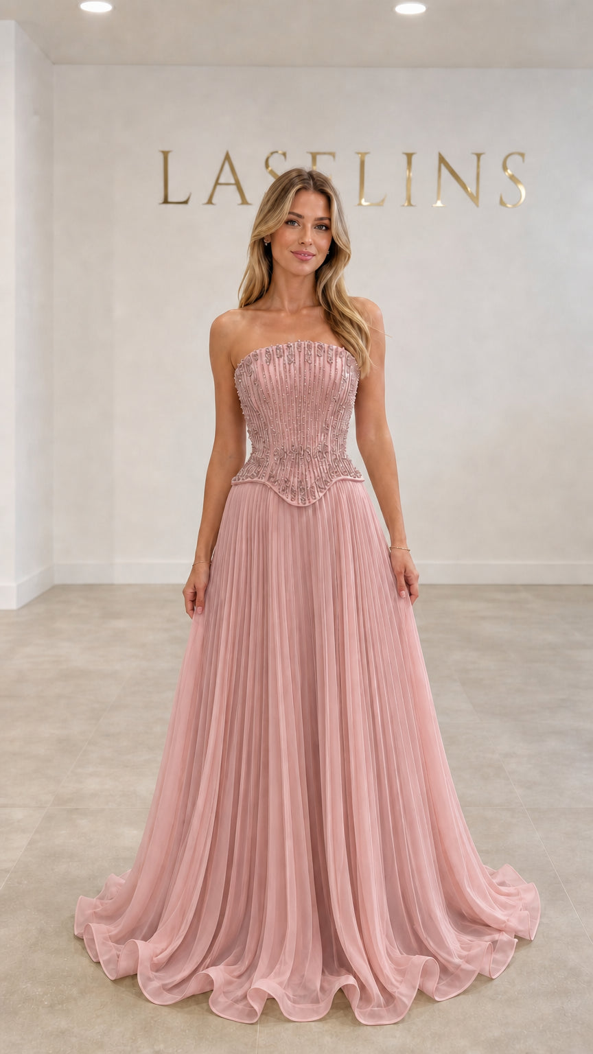 Dusty Pink strapless embellished corset pleated A-line evening gown