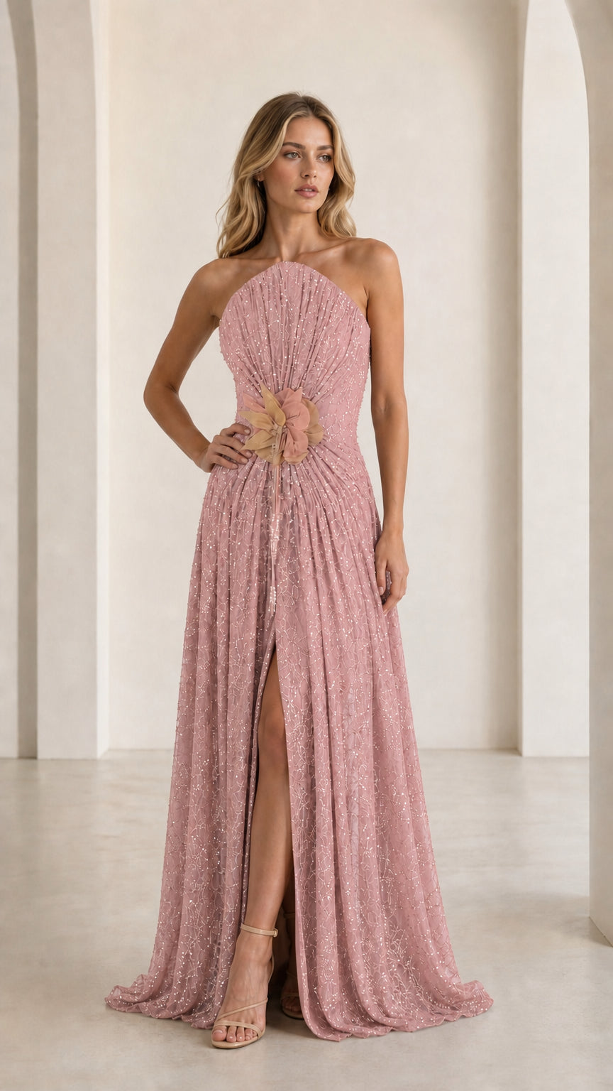 Front view of pink sequin halter evening gown