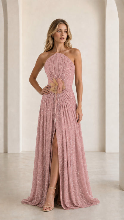 Front view of pink sequin halter evening gown