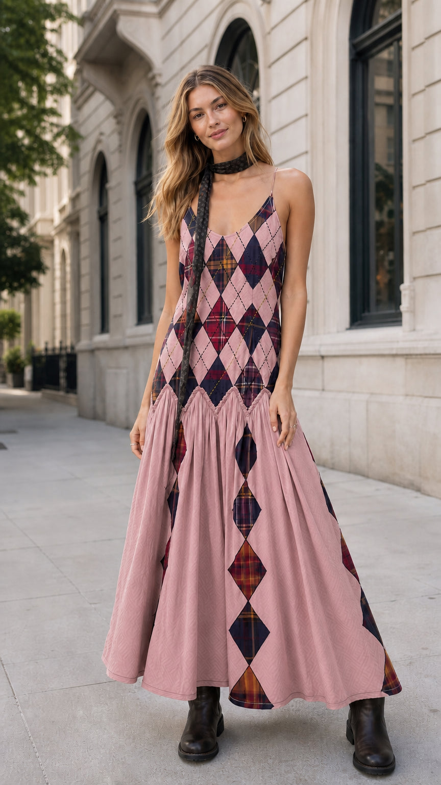 Dusty pink argyle drop-waist maxi cami dress front view on model