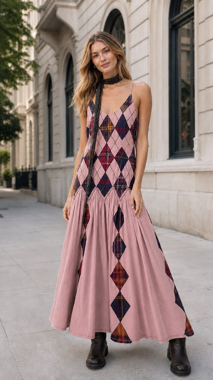 Dusty pink argyle drop-waist maxi cami dress front view on model