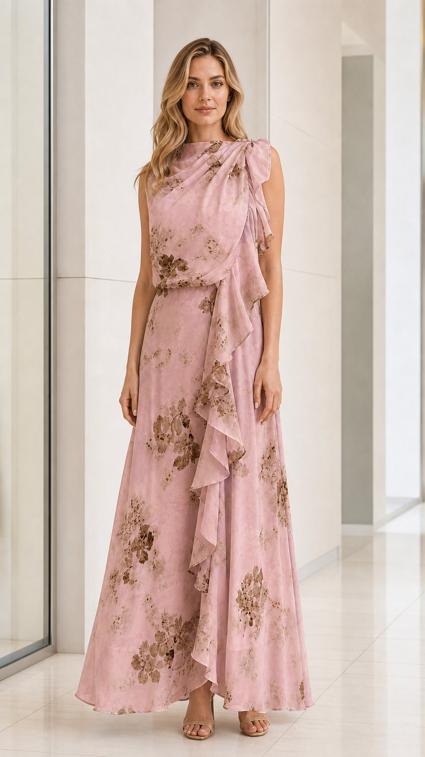 Front view of model in Pink floral ruffled maxi dress