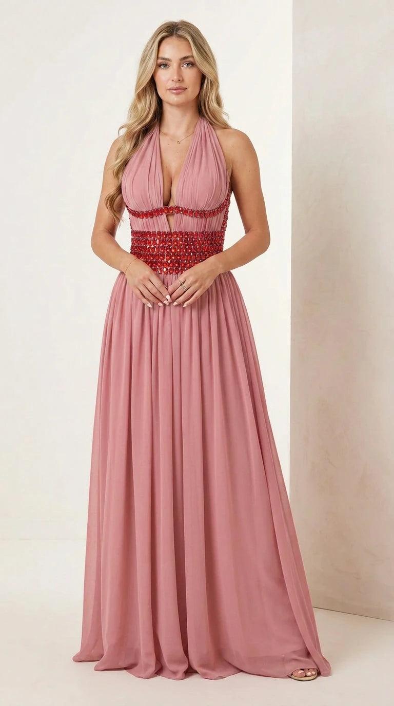 Dusty rose halter plunge chiffon maxi formal gown with beaded waist