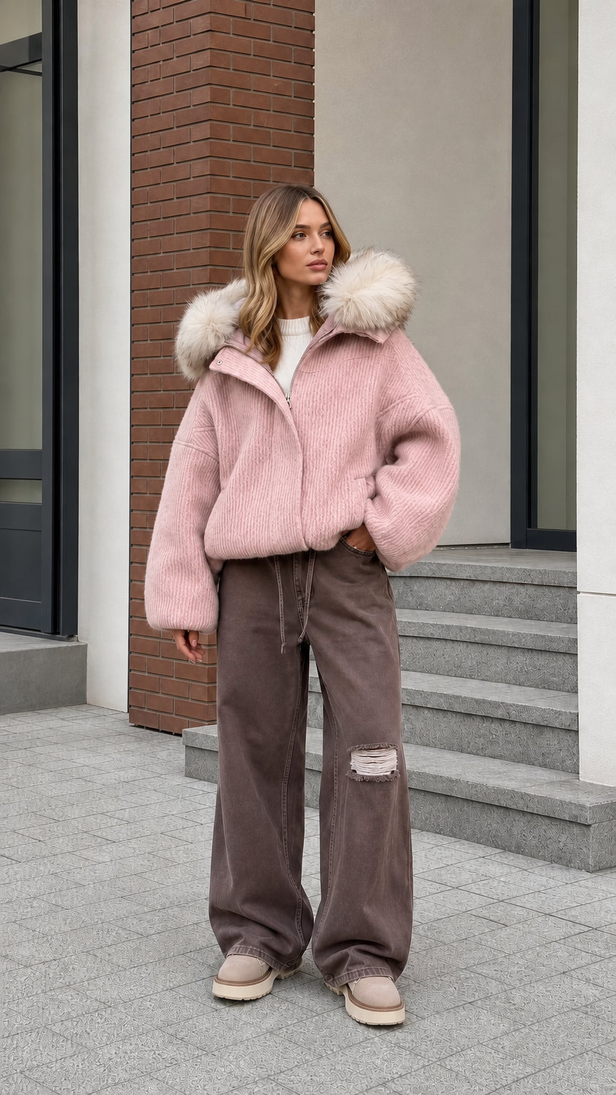 Model styling light pink plush ribbed bomber jacket with faux fur trim