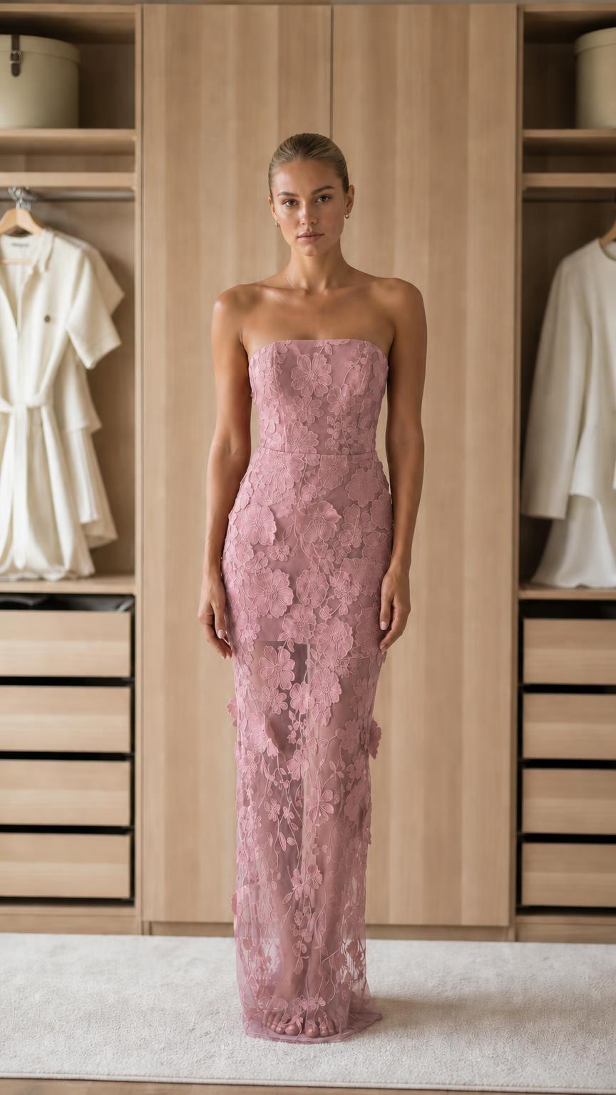 Front view of pink strapless floral applique maxi dress