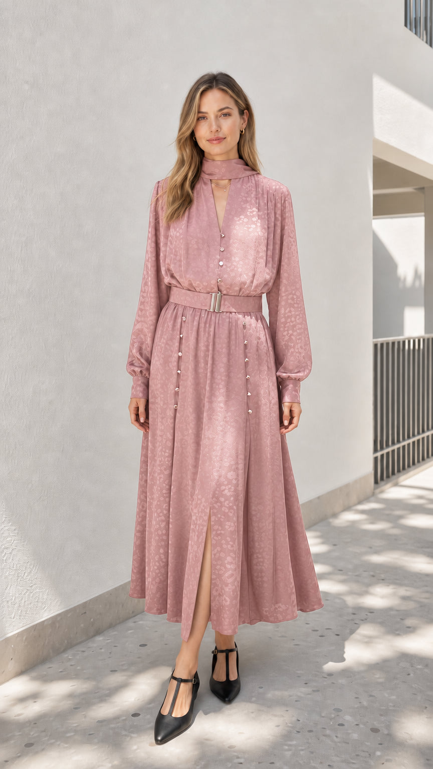 Model wearing dusty pink mock neck midi dress