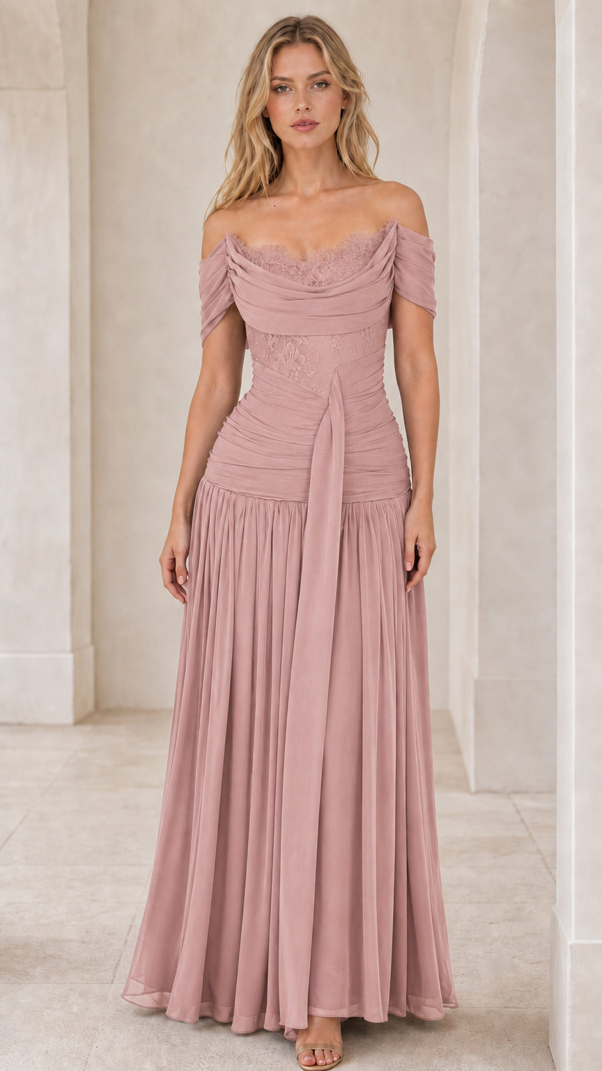 Front view of pink off-the-shoulder ruched maxi dress