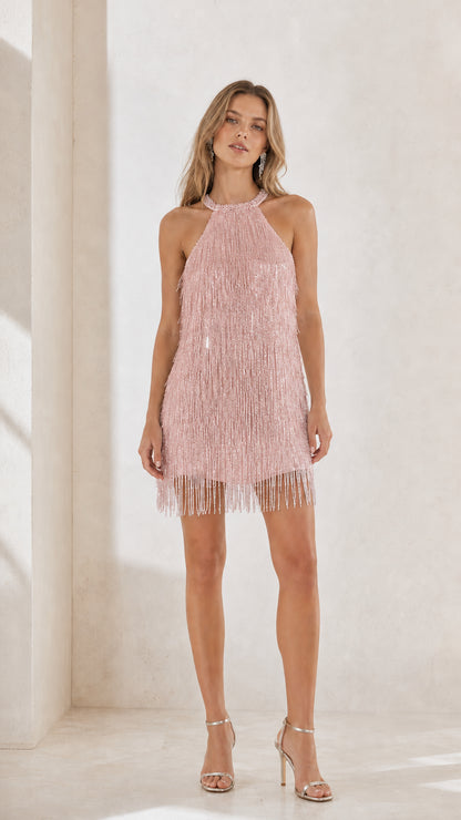 Front view of pink halter beaded fringe mini dress